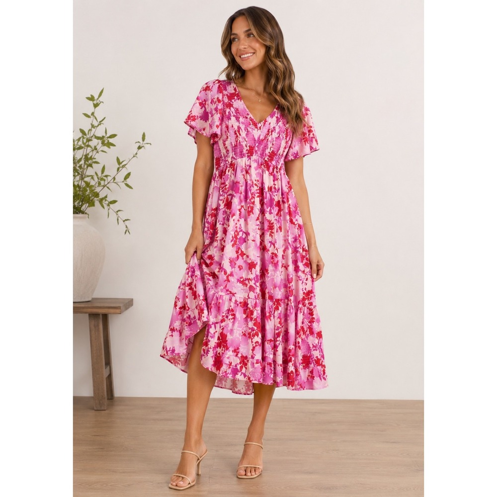 JODIFL Boho Cottagecore Romantic Floral Smocked Midi Dress Women's S NWT